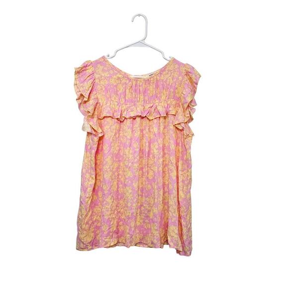 ADORA Tops - Adora Pink Yellow Ruffle Sleeveless Floral Top Blouse Size Medium Keyhole Back